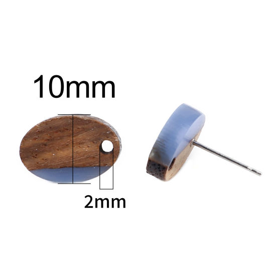 Image de Boucles d'Oreilles Puces Résine à Effet de Bois Naturel en Résine & Bois Naturel Ovale Bleu avec Boucle 15mm x 10mm, Epaisseur de Fil: (21 gauge), 6 Pcs