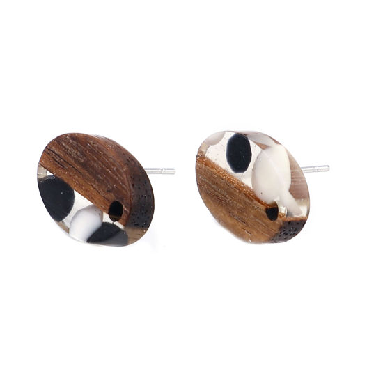 Image de Boucles d'Oreilles Puces Résine à Effet de Bois Naturel en Résine & Bois Naturel Ovale Noir & Blanc avec Boucle 15mm x 10mm, Epaisseur de Fil: (21 gauge), 6 Pcs