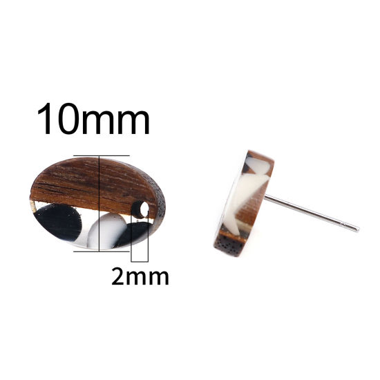 Image de Boucles d'Oreilles Puces Résine à Effet de Bois Naturel en Résine & Bois Naturel Ovale Noir & Blanc avec Boucle 15mm x 10mm, Epaisseur de Fil: (21 gauge), 6 Pcs