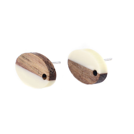 Image de Boucles d'Oreilles Puces Résine à Effet de Bois Naturel en Résine & Bois Naturel Ovale Beige avec Boucle 15mm x 10mm, Epaisseur de Fil: (21 gauge), 6 Pcs