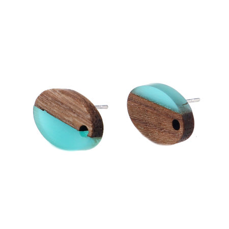 Picture of Resin & Natural Wood Effect Resin Ear Post Stud Earrings Findings Oval Green W/ Loop 15mm x 10mm, Post/ Wire Size: (21 gauge), 6 PCs