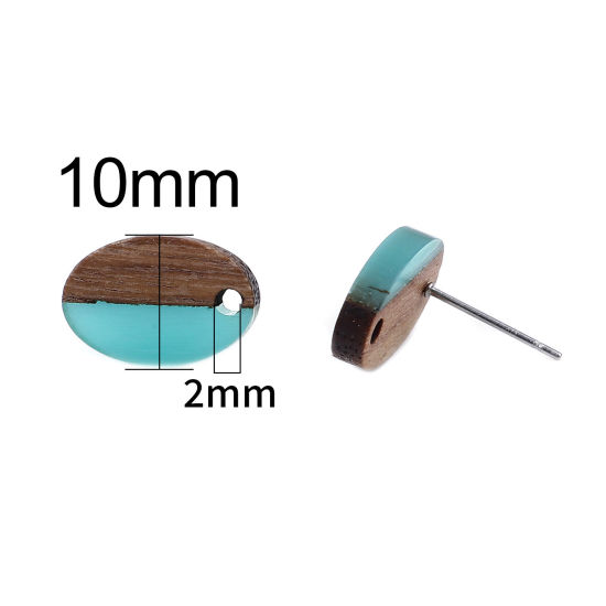Image de Boucles d'Oreilles Puces Résine à Effet de Bois Naturel en Résine & Bois Naturel Ovale Vert avec Boucle 15mm x 10mm, Epaisseur de Fil: (21 gauge), 6 Pcs
