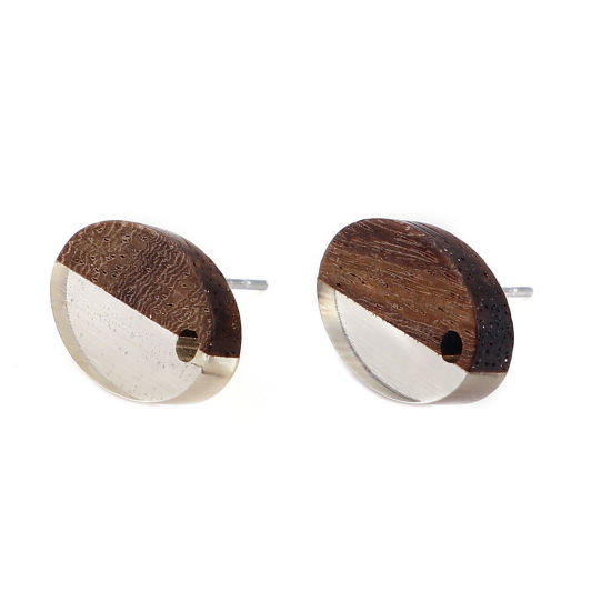 Image de Boucles d'Oreilles Puces Résine à Effet de Bois Naturel en Résine & Bois Naturel Ovale Transparent avec Boucle 15mm x 10mm, Epaisseur de Fil: (21 gauge), 6 Pcs