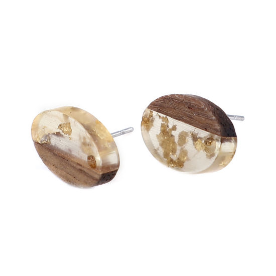 Image de Boucles d'Oreilles Puces Résine à Effet de Bois Naturel en Résine & Bois Naturel Ovale Transparent avec Boucle 15mm x 10mm, Epaisseur de Fil: (21 gauge), 6 Pcs