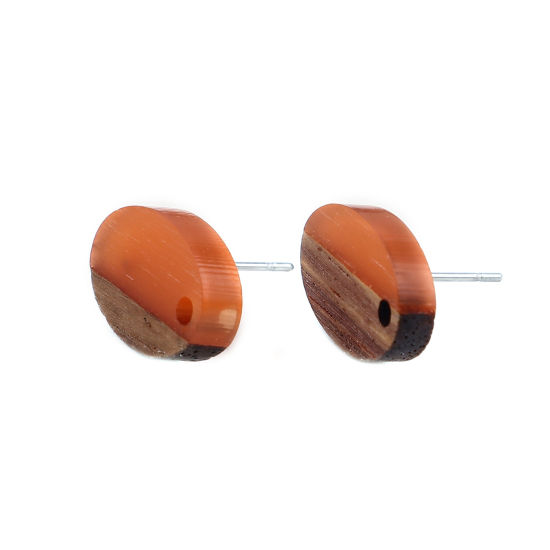 Image de Boucles d'Oreilles Puces Résine à Effet de Bois Naturel en Résine & Bois Naturel Ovale Orange avec Boucle 15mm x 10mm, Epaisseur de Fil: (21 gauge), 6 Pcs