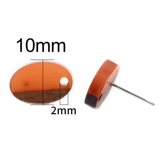 Image de Boucles d'Oreilles Puces Résine à Effet de Bois Naturel en Résine & Bois Naturel Ovale Orange avec Boucle 15mm x 10mm, Epaisseur de Fil: (21 gauge), 6 Pcs