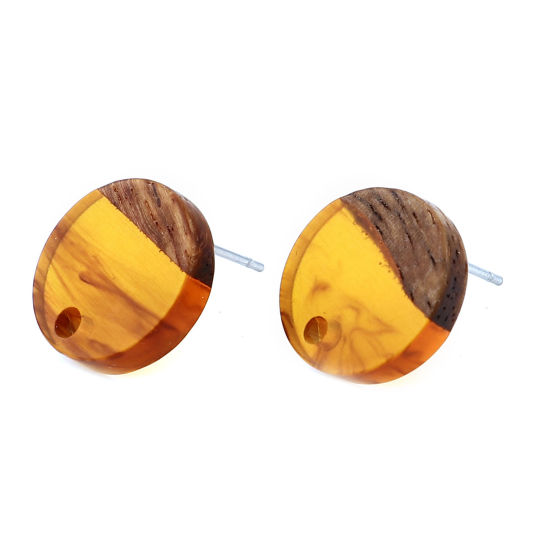 Picture of Resin & Natural Wood Effect Resin Ear Post Stud Earrings Findings Round Amber W/ Loop 14mm Dia., Post/ Wire Size: (21 gauge), 6 PCs