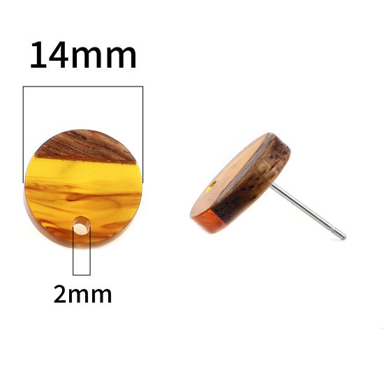 Picture of Resin & Natural Wood Effect Resin Ear Post Stud Earrings Findings Round Amber W/ Loop 14mm Dia., Post/ Wire Size: (21 gauge), 6 PCs