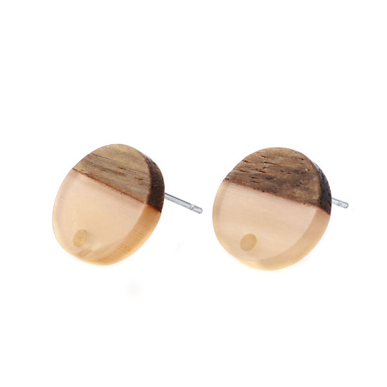 Picture of Resin & Natural Wood Effect Resin Ear Post Stud Earrings Findings Round Light Orange W/ Loop 14mm Dia., Post/ Wire Size: (21 gauge), 6 PCs