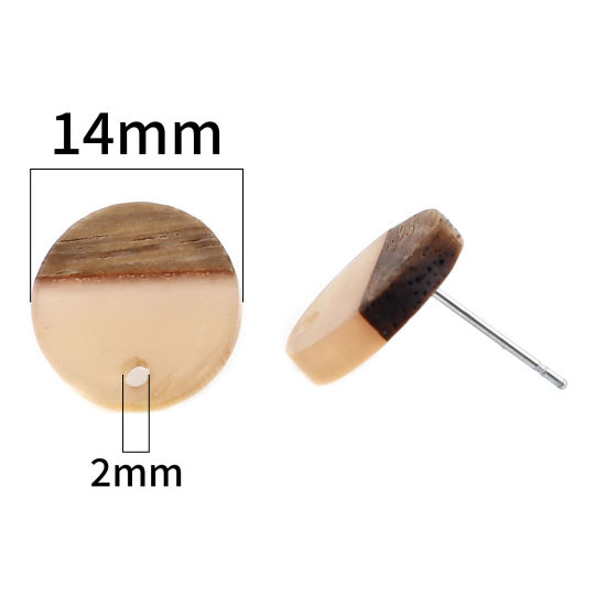 Picture of Resin & Natural Wood Effect Resin Ear Post Stud Earrings Findings Round Light Orange W/ Loop 14mm Dia., Post/ Wire Size: (21 gauge), 6 PCs