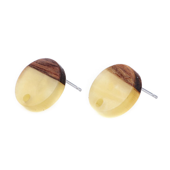 Picture of Resin & Natural Wood Effect Resin Ear Post Stud Earrings Findings Round Dark Yellow W/ Loop 14mm Dia., Post/ Wire Size: (21 gauge), 6 PCs