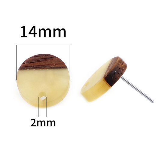 Picture of Resin & Natural Wood Effect Resin Ear Post Stud Earrings Findings Round Dark Yellow W/ Loop 14mm Dia., Post/ Wire Size: (21 gauge), 6 PCs