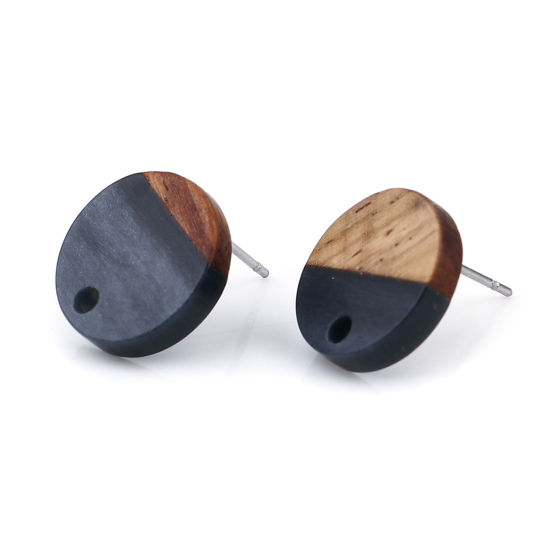 Picture of Resin & Natural Wood Effect Resin Ear Post Stud Earrings Findings Round Gray Black W/ Loop 14mm Dia., Post/ Wire Size: (21 gauge), 6 PCs