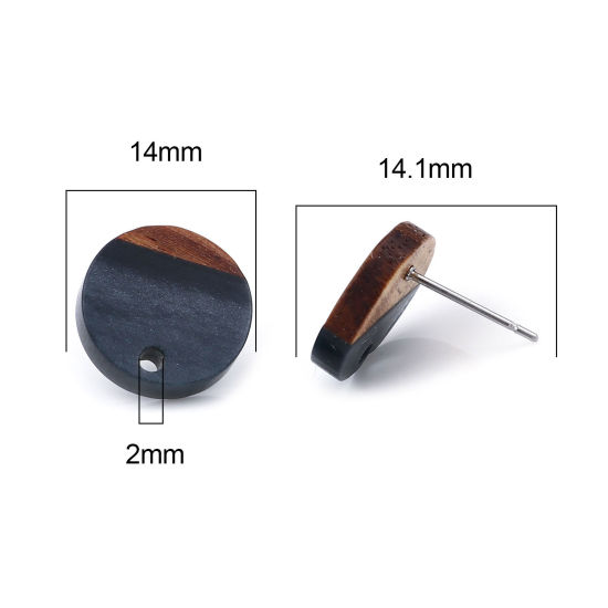 Picture of Resin & Natural Wood Effect Resin Ear Post Stud Earrings Findings Round Gray Black W/ Loop 14mm Dia., Post/ Wire Size: (21 gauge), 6 PCs