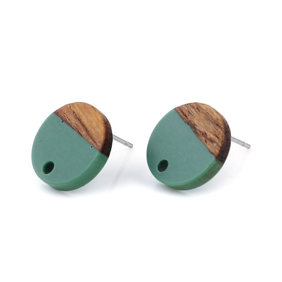 Picture of Resin & Natural Wood Effect Resin Ear Post Stud Earrings Findings Round Green W/ Loop 14mm Dia., Post/ Wire Size: (21 gauge), 6 PCs