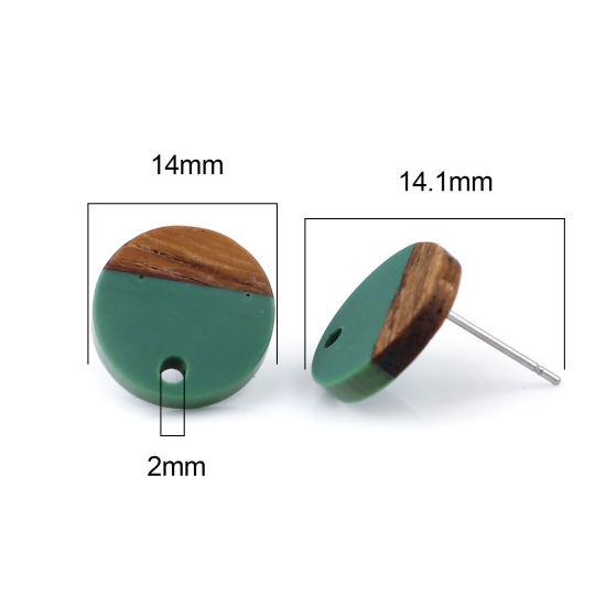 Picture of Resin & Natural Wood Effect Resin Ear Post Stud Earrings Findings Round Green W/ Loop 14mm Dia., Post/ Wire Size: (21 gauge), 6 PCs