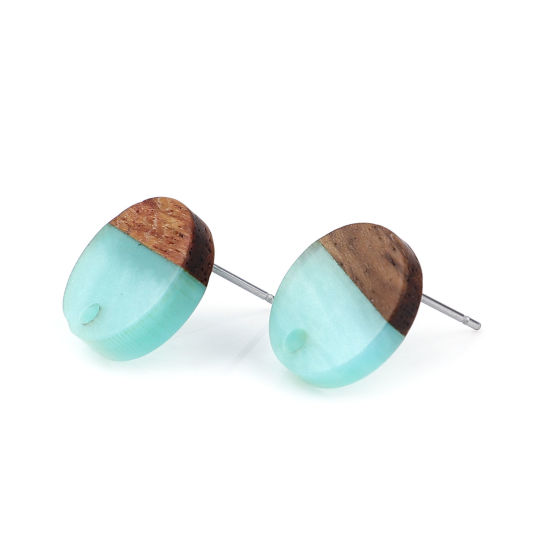 Picture of Resin & Natural Wood Effect Resin Ear Post Stud Earrings Findings Round Cyan W/ Loop 14mm Dia., Post/ Wire Size: (21 gauge), 6 PCs