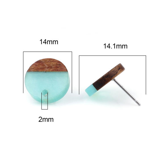 Picture of Resin & Natural Wood Effect Resin Ear Post Stud Earrings Findings Round Cyan W/ Loop 14mm Dia., Post/ Wire Size: (21 gauge), 6 PCs