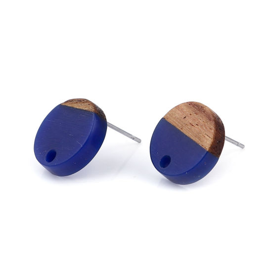 Picture of Resin & Natural Wood Effect Resin Ear Post Stud Earrings Findings Round Lake Blue W/ Loop 14mm Dia., Post/ Wire Size: (21 gauge), 6 PCs