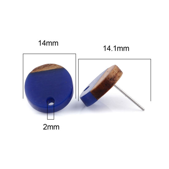 Picture of Resin & Natural Wood Effect Resin Ear Post Stud Earrings Findings Round Lake Blue W/ Loop 14mm Dia., Post/ Wire Size: (21 gauge), 6 PCs