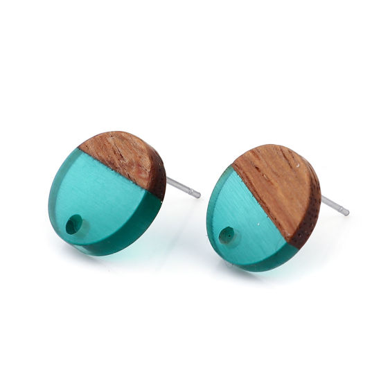 Picture of Resin & Natural Wood Effect Resin Ear Post Stud Earrings Findings Round Dark Green W/ Loop 14mm Dia., Post/ Wire Size: (21 gauge), 6 PCs
