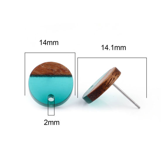 Picture of Resin & Natural Wood Effect Resin Ear Post Stud Earrings Findings Round Dark Green W/ Loop 14mm Dia., Post/ Wire Size: (21 gauge), 6 PCs