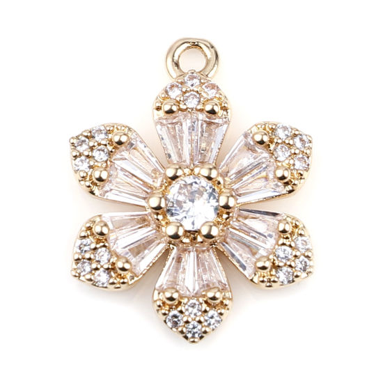 Picture of Brass & Glass Micro Pave Charms Gold Plated White Flower Clear Rhinestone 18mm x 13mm, 2 PCs                                                                                                                                                                  