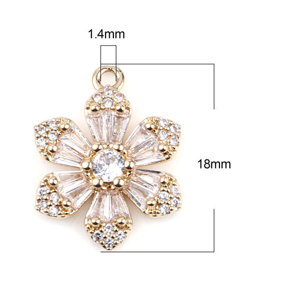 Image de Breloques Micro Pave en Laiton+Verre Fleur Doré Blanc à Strass Transparent 18mm x 13mm, 2 Pcs                                                                                                                                                                 