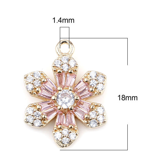 Image de Breloques Micro Pave en Laiton+Verre Fleur Doré Rose Clair à Strass Transparent 18mm x 13mm, 2 Pcs                                                                                                                                                            