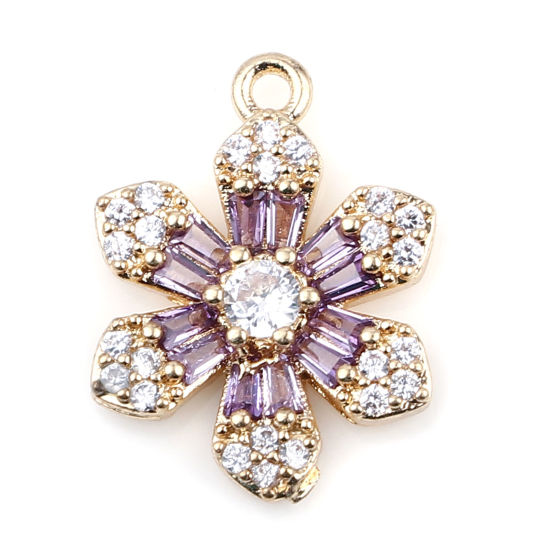 Image de Breloques Micro Pave en Laiton+Verre Fleur Doré Violet à Strass Transparent 18mm x 13mm, 2 Pcs                                                                                                                                                                