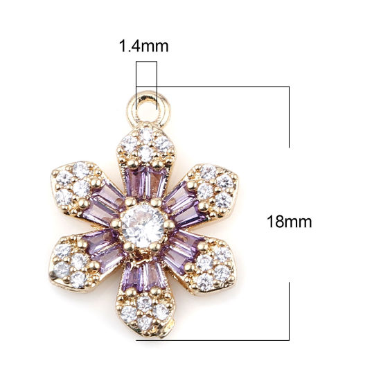 Image de Breloques Micro Pave en Laiton+Verre Fleur Doré Violet à Strass Transparent 18mm x 13mm, 2 Pcs                                                                                                                                                                