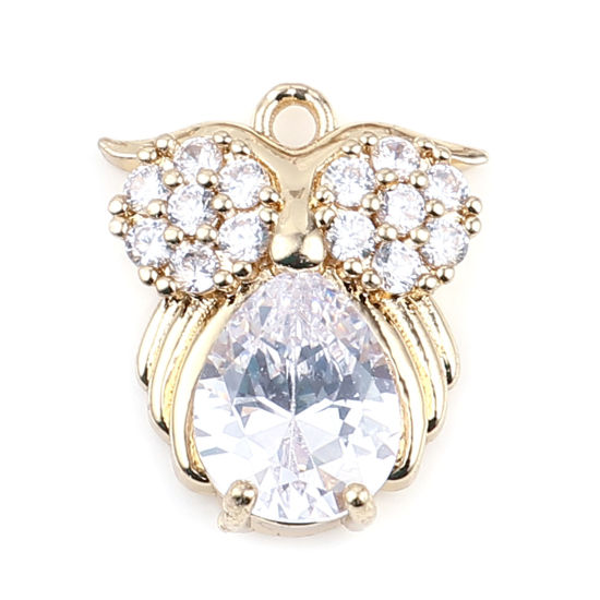 Image de Breloques en Laiton+Verre Hibou Doré Blanc à Strass Transparent 18mm x 15mm, 2 Pcs