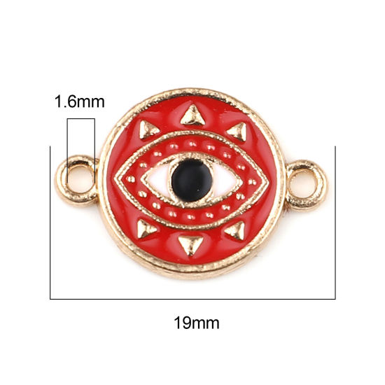 Picture of 10 PCs Zinc Based Alloy Connectors Charms Pendants Gold Plated Red Round Evil Eye Enamel 19mm x 13mm