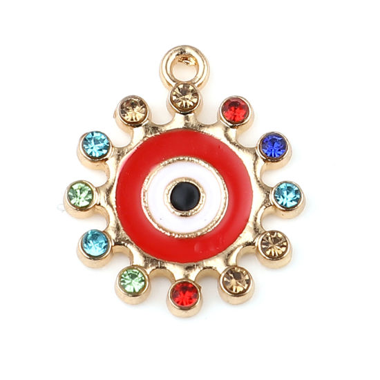 Imagen de Zamak Religión Colgantes Charms Sol Chapado en Oro Rojo Mal de ojo Esmalte Multicolor Rhinestone 19mm x 17mm, 10 Unidades