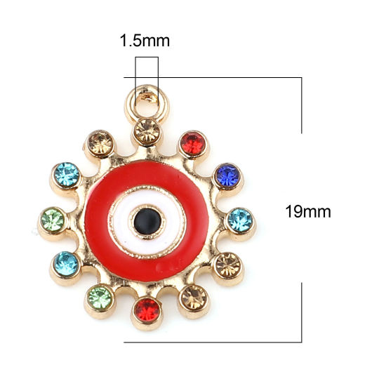 Imagen de Zamak Religión Colgantes Charms Sol Chapado en Oro Rojo Mal de ojo Esmalte Multicolor Rhinestone 19mm x 17mm, 10 Unidades