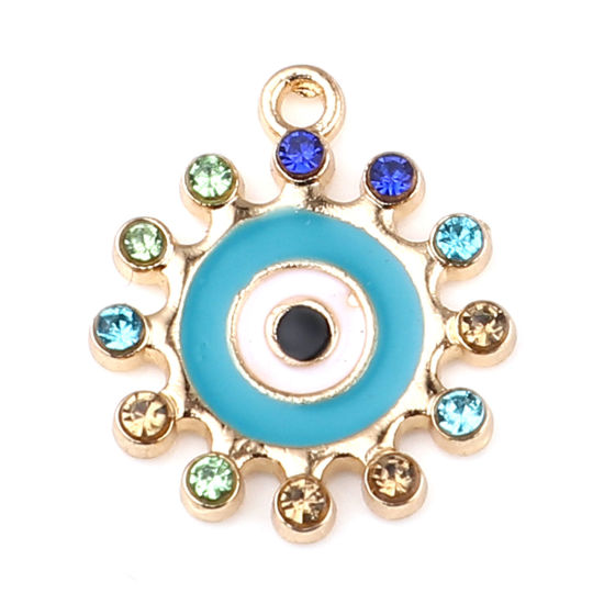 Imagen de Zamak Religión Colgantes Charms Sol Chapado en Oro Verde Azul Mal de ojo Esmalte Multicolor Rhinestone 19mm x 17mm, 10 Unidades