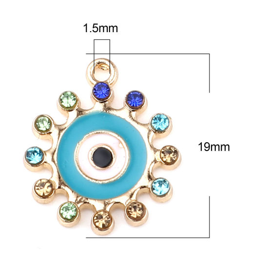 Imagen de Zamak Religión Colgantes Charms Sol Chapado en Oro Verde Azul Mal de ojo Esmalte Multicolor Rhinestone 19mm x 17mm, 10 Unidades