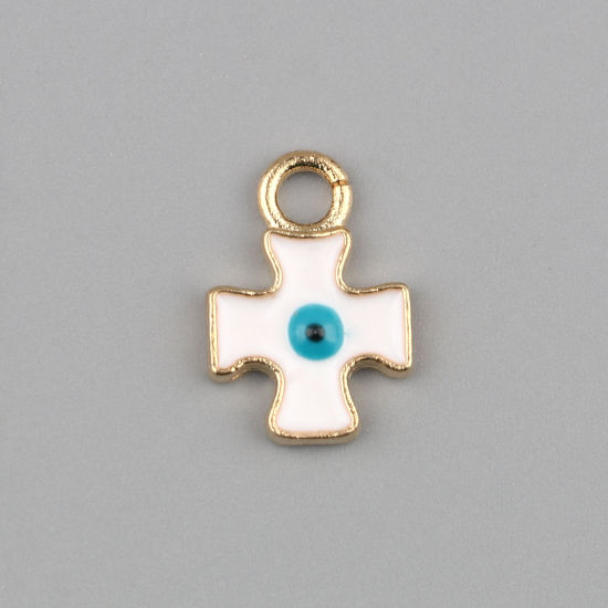Bild von Zinklegierung Charms Kreuz Vergoldet Weiß Böser Blick Evil Eye Emaille 15mm x 10mm, 10 Stück