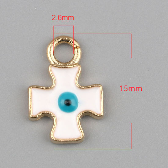 Bild von Zinklegierung Charms Kreuz Vergoldet Weiß Böser Blick Evil Eye Emaille 15mm x 10mm, 10 Stück