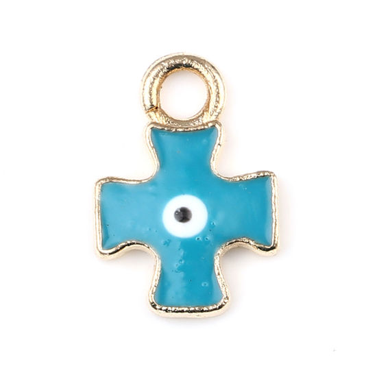 Bild von Zinklegierung Religiös Charms Kreuz Vergoldet Cyan Böser Blick Evil Eye Emaille 16mm x 11mm, 10 Stück
