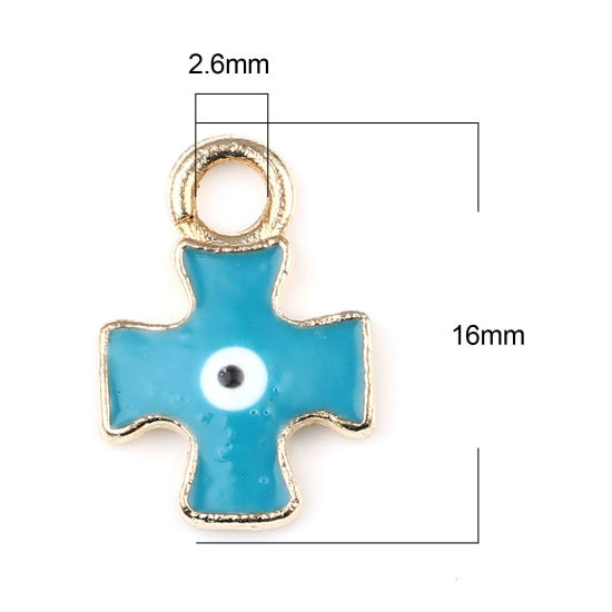 Bild von Zinklegierung Religiös Charms Kreuz Vergoldet Cyan Böser Blick Evil Eye Emaille 16mm x 11mm, 10 Stück