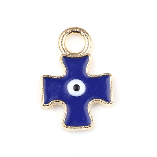Bild von Zinklegierung Religiös Charms Kreuz Vergoldet Dunkelblau Böser Blick Evil Eye Emaille 16mm x 11mm, 10 Stück
