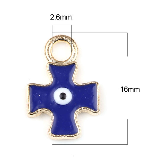 Bild von Zinklegierung Religiös Charms Kreuz Vergoldet Dunkelblau Böser Blick Evil Eye Emaille 16mm x 11mm, 10 Stück