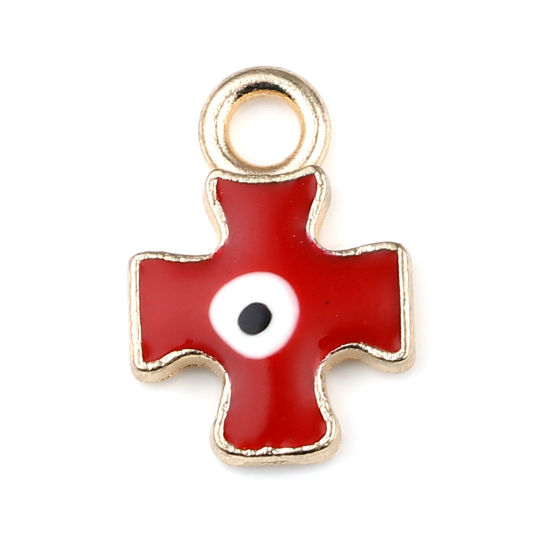 Bild von Zinklegierung Religiös Charms Kreuz Vergoldet Rot Böser Blick Evil Eye Emaille 16mm x 11mm, 10 Stück