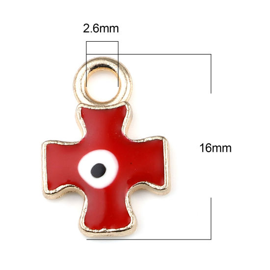 Bild von Zinklegierung Religiös Charms Kreuz Vergoldet Rot Böser Blick Evil Eye Emaille 16mm x 11mm, 10 Stück