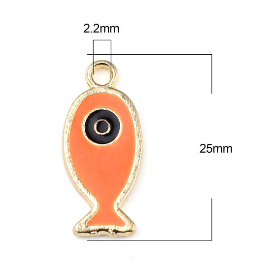 Immagine di 10 Pz Lega di Zinco Gioielli Oceanici Ciondoli Oro Placcato Nero & Arancione Pesce Malocchio Smalto 25mm x 11mm