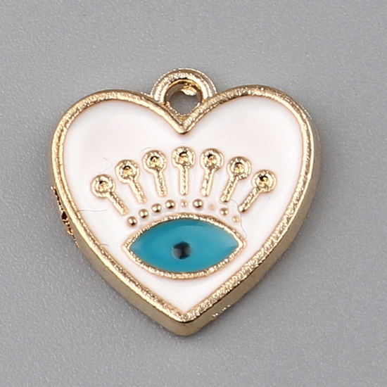 Immagine di Lega di Zinco Charms Cuore Oro Placcato Bianco Malocchio Smalto 15mm x 15mm , 10 Pz