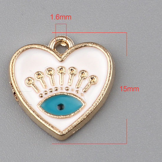 Immagine di Lega di Zinco Charms Cuore Oro Placcato Bianco Malocchio Smalto 15mm x 15mm , 10 Pz