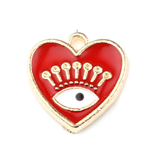 Immagine di 10 Pz Lega di Zinco Ciondoli Oro Placcato Rosso Cuore Malocchio Smalto 15mm x 15mm