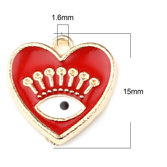 Immagine di 10 Pz Lega di Zinco Ciondoli Oro Placcato Rosso Cuore Malocchio Smalto 15mm x 15mm